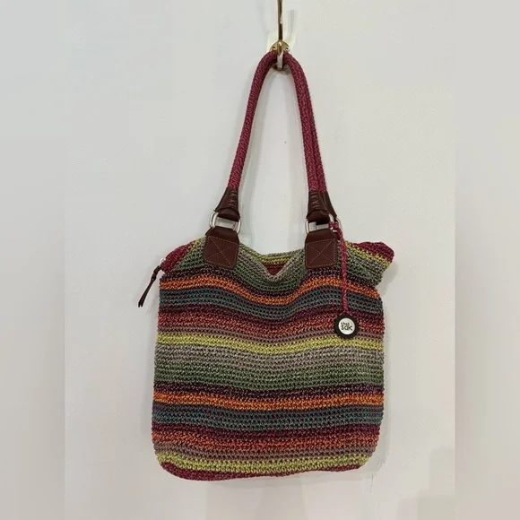 The Sak Cambria Hand Crochet Multi Coloured Gypsy Hobo Striped Tote Bag Purse - Picture 1 of 9